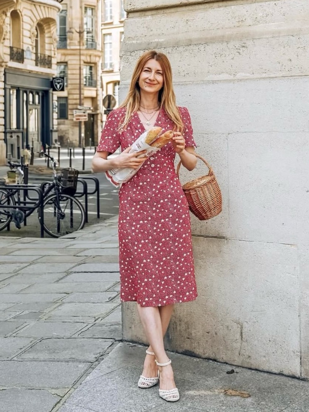 Rouje Paris Anais Amour Heart Print Red Midi Dress Button Front Short Sleeve EUC